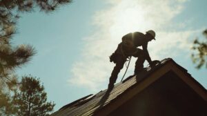 Person rinsing an asphalt-shingle roof with a low-pressure garden hose from a ladder.