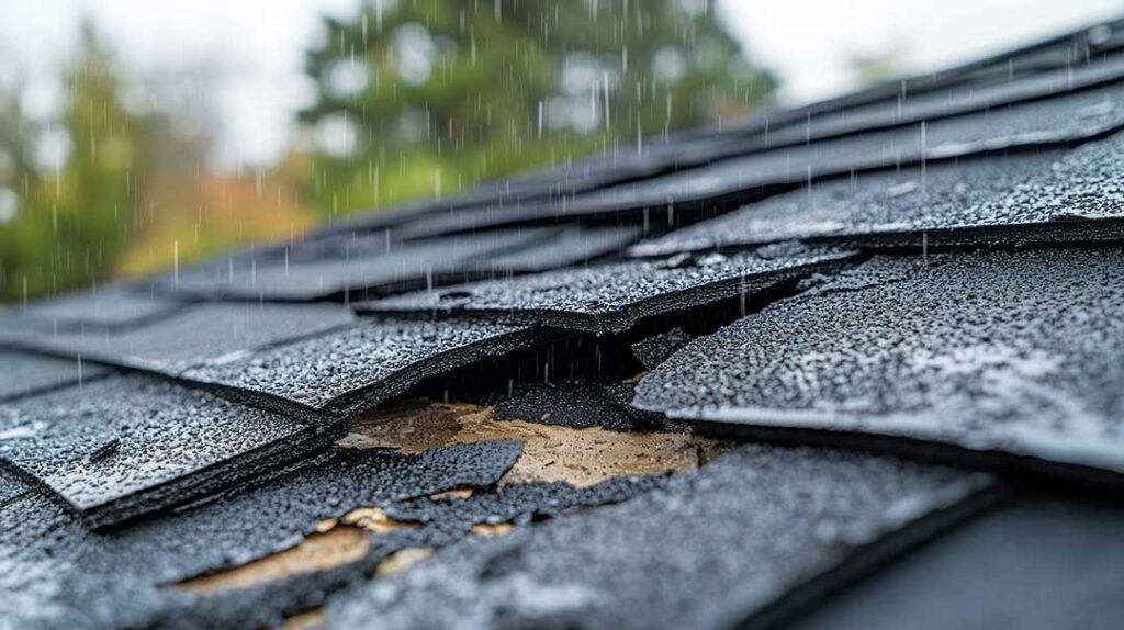 Homeowner viewing roof shingles with binoculars while another person checks the attic for moisture signs.