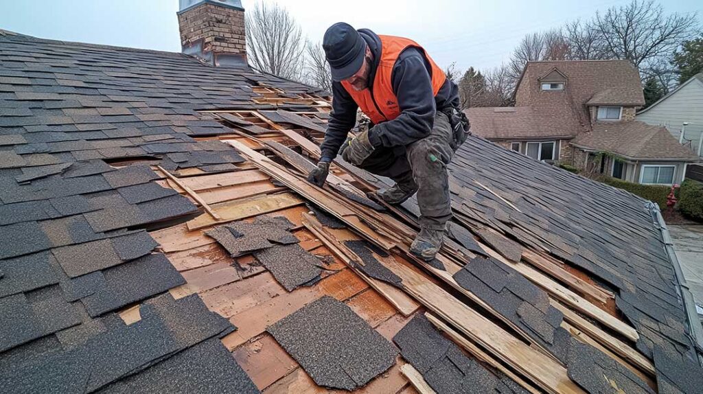 A homeowner inspects roof shingles and gutters from the ground beside a detached house.