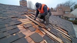 A homeowner inspects roof shingles and gutters from the ground beside a detached house.